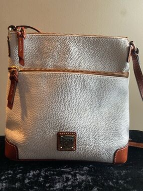 Dooney & Bourke White Pebbled Leather Crossbody with Brown Trim